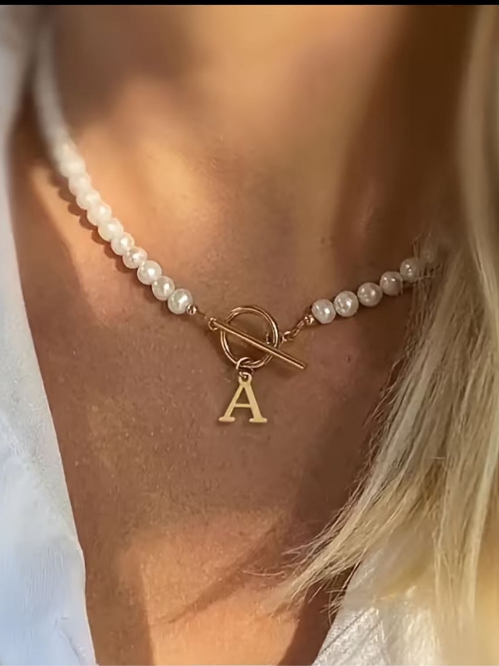 Pearl Bead Necklace with Gold Initial Charm. Brand New.